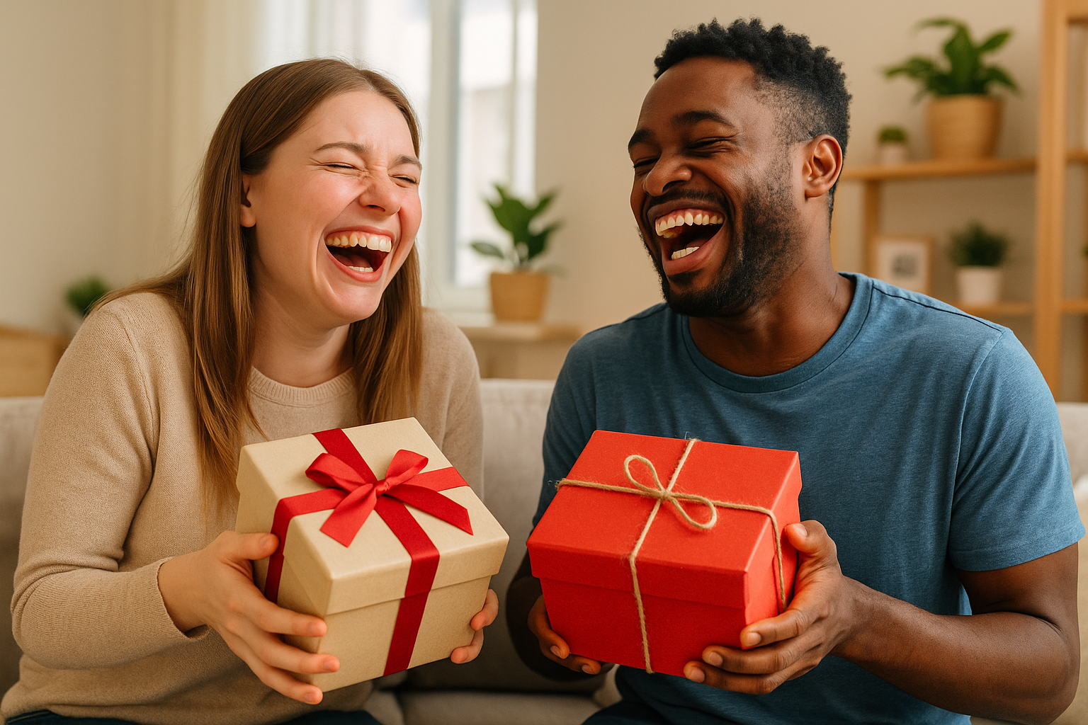 Two people swapping gifts but laughing at the presents